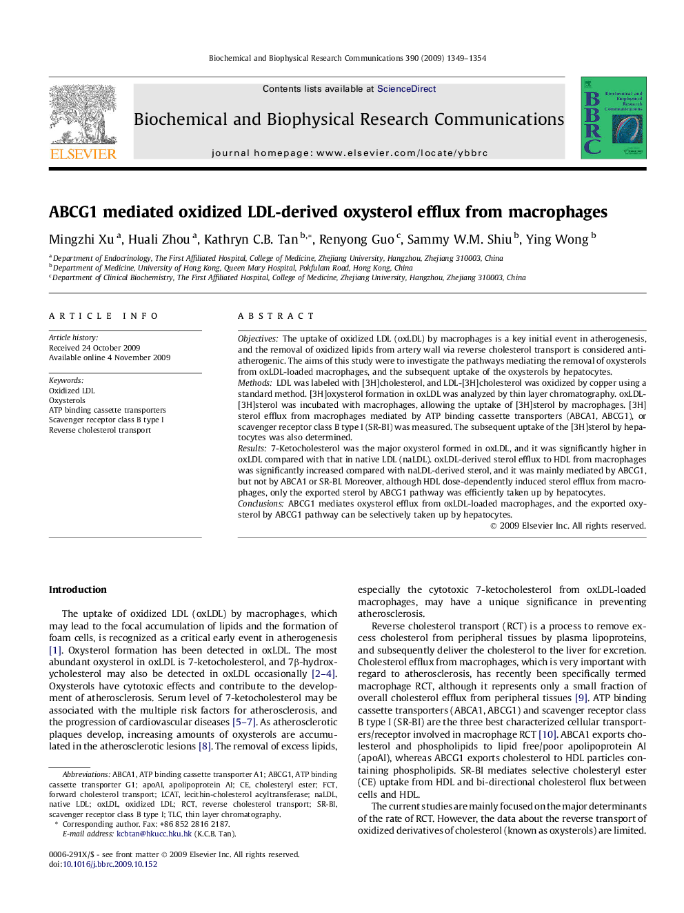 ABCG1 mediated oxidized LDL-derived oxysterol efflux from macrophages