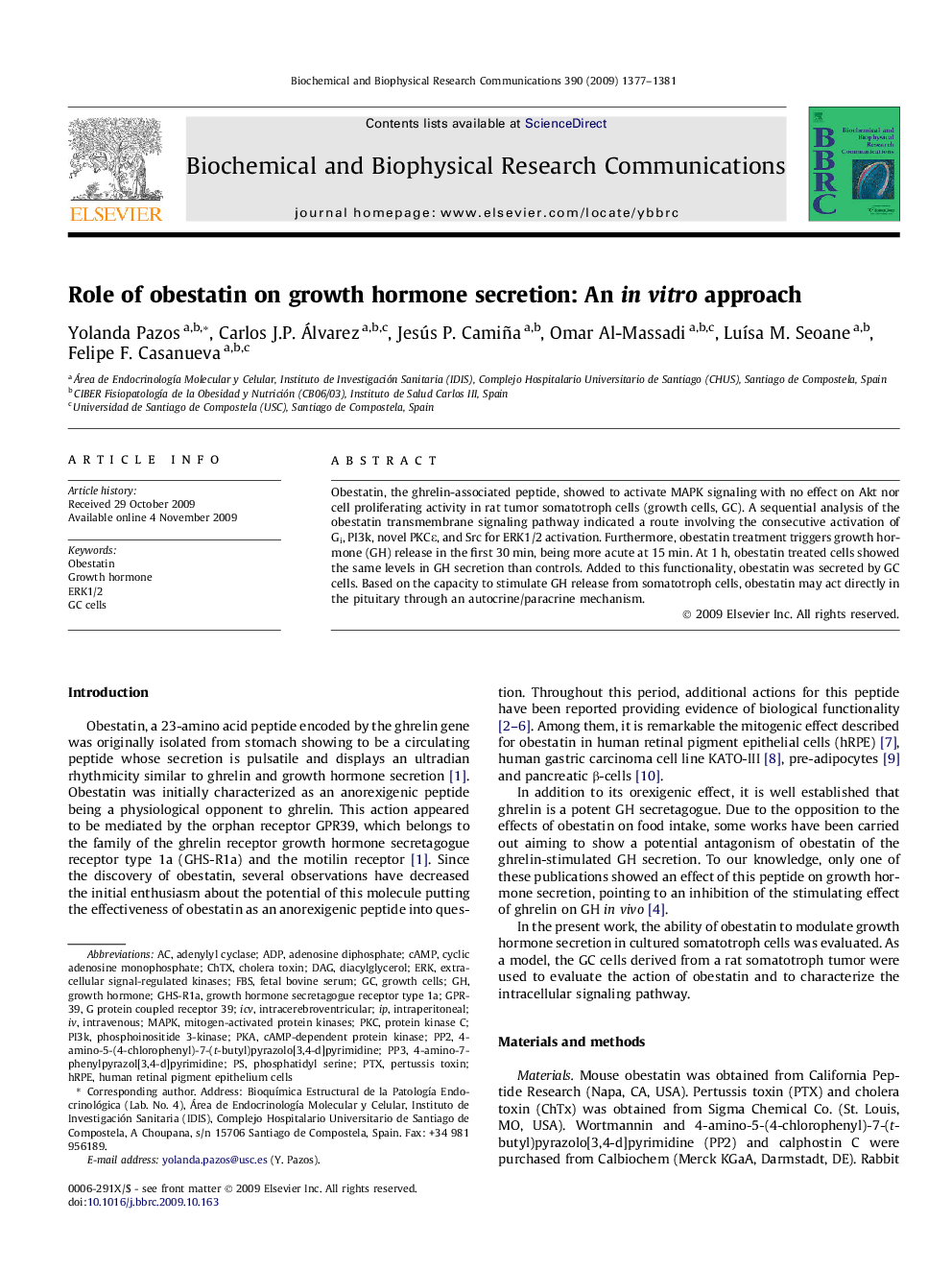 Role of obestatin on growth hormone secretion: An in vitro approach