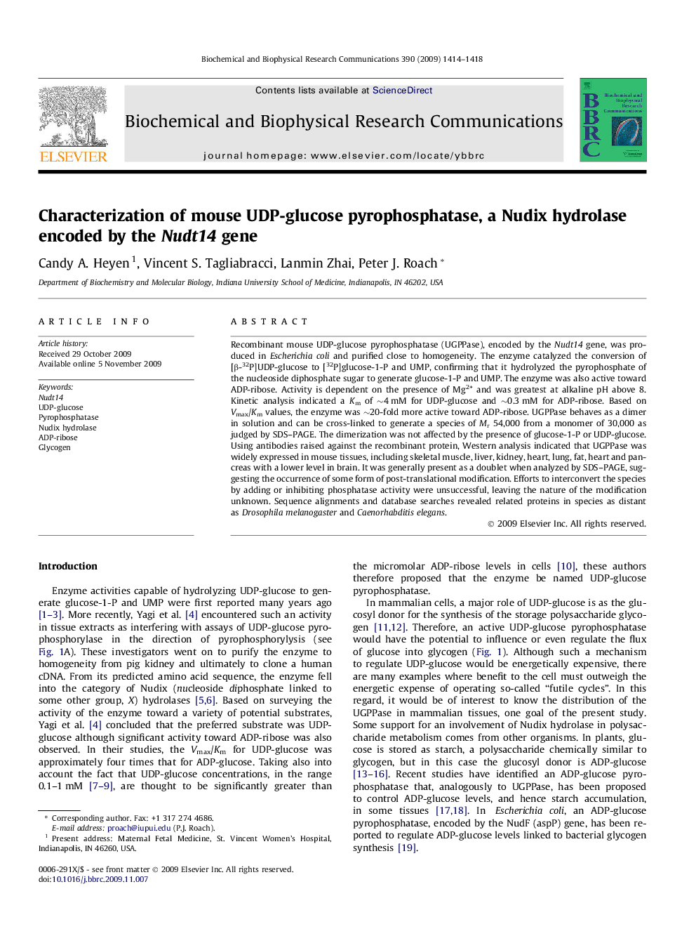 Characterization of mouse UDP-glucose pyrophosphatase, a Nudix hydrolase encoded by the Nudt14 gene