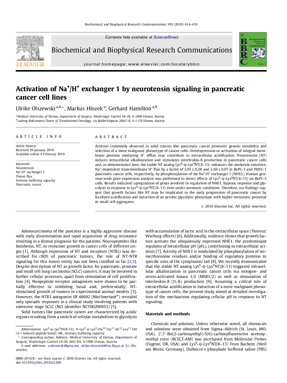 Activation of Na+/H+ exchanger 1 by neurotensin signaling in pancreatic cancer cell lines