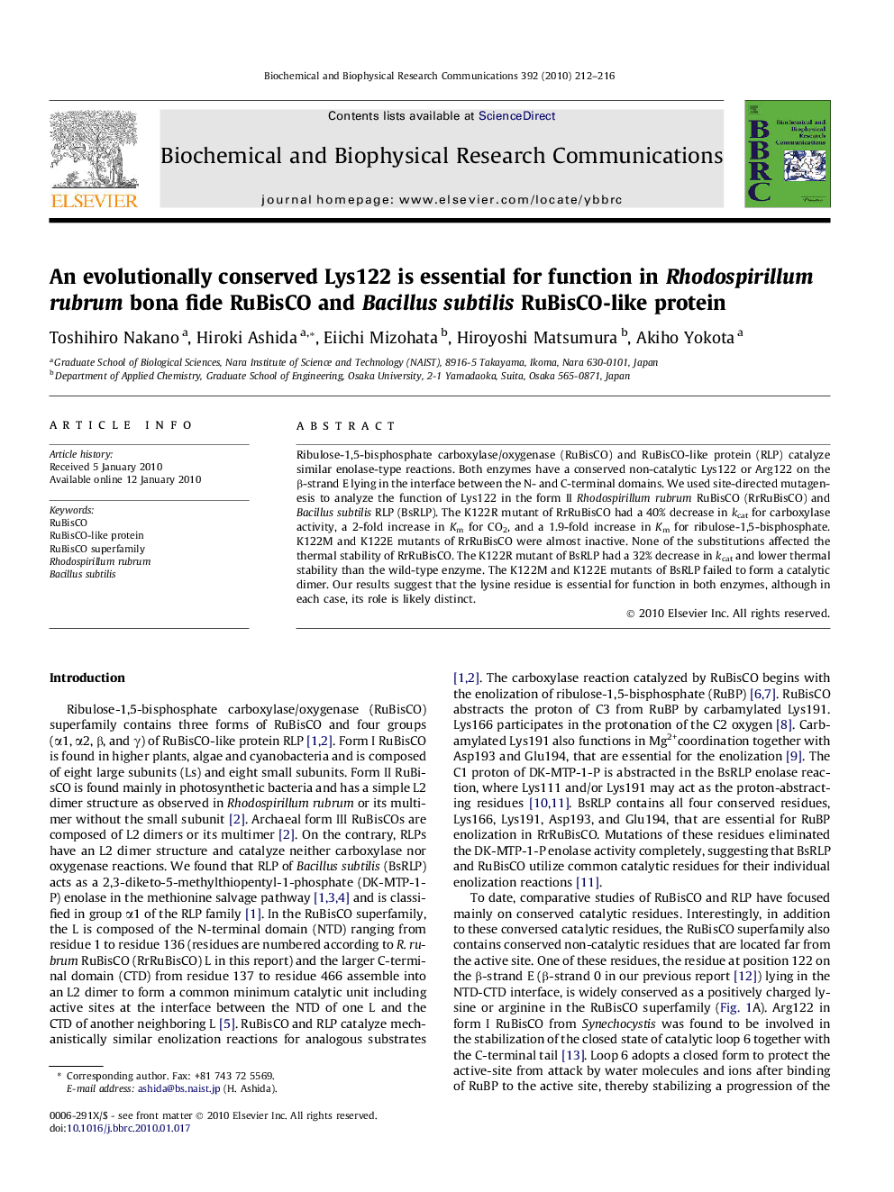 An evolutionally conserved Lys122 is essential for function in Rhodospirillum rubrum bona fide RuBisCO and Bacillus subtilis RuBisCO-like protein