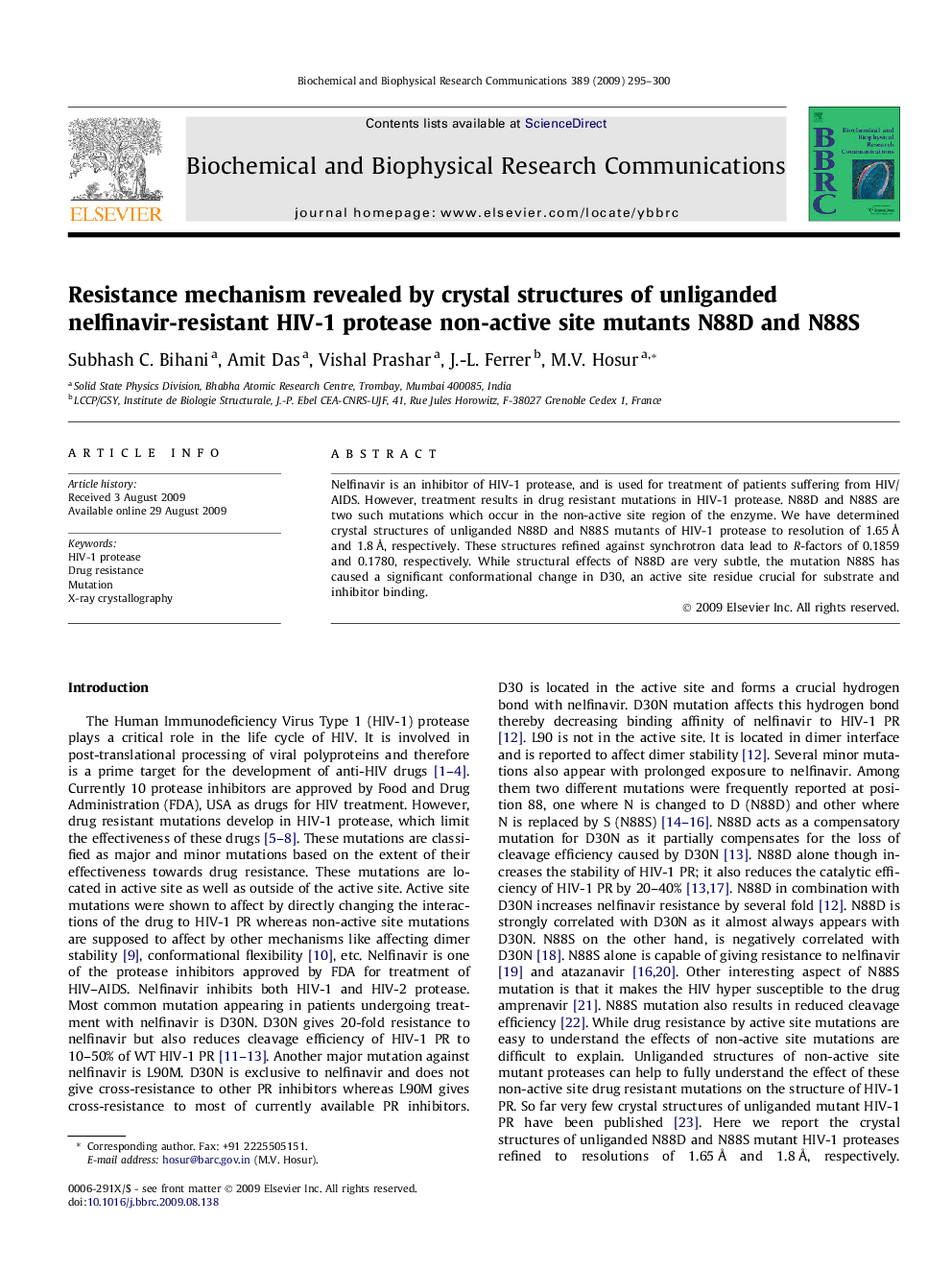 Resistance mechanism revealed by crystal structures of unliganded nelfinavir-resistant HIV-1 protease non-active site mutants N88D and N88S