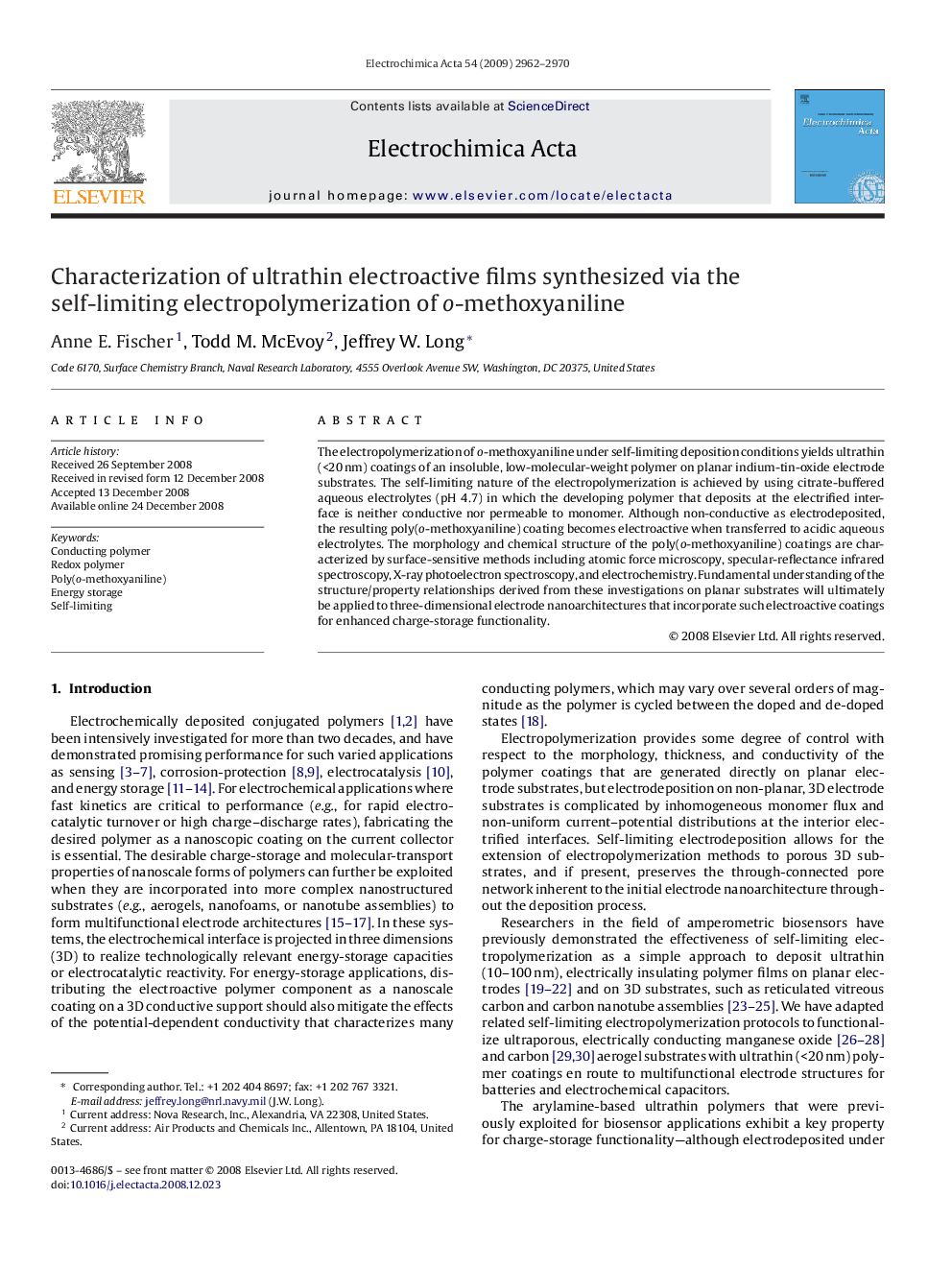 Characterization of ultrathin electroactive films synthesized via the self-limiting electropolymerization of o-methoxyaniline