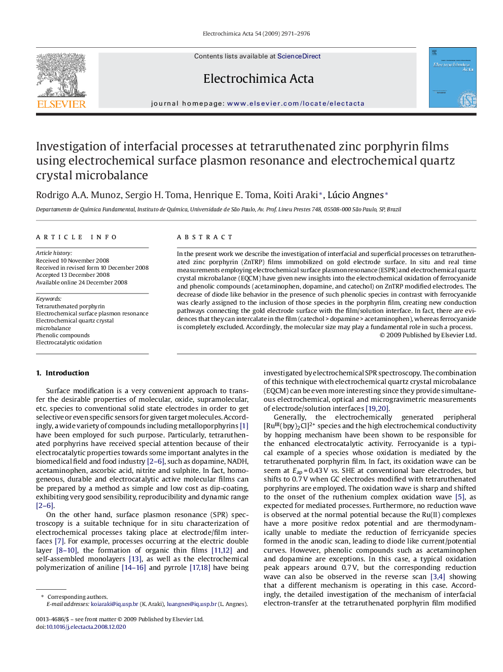 Investigation of interfacial processes at tetraruthenated zinc porphyrin films using electrochemical surface plasmon resonance and electrochemical quartz crystal microbalance