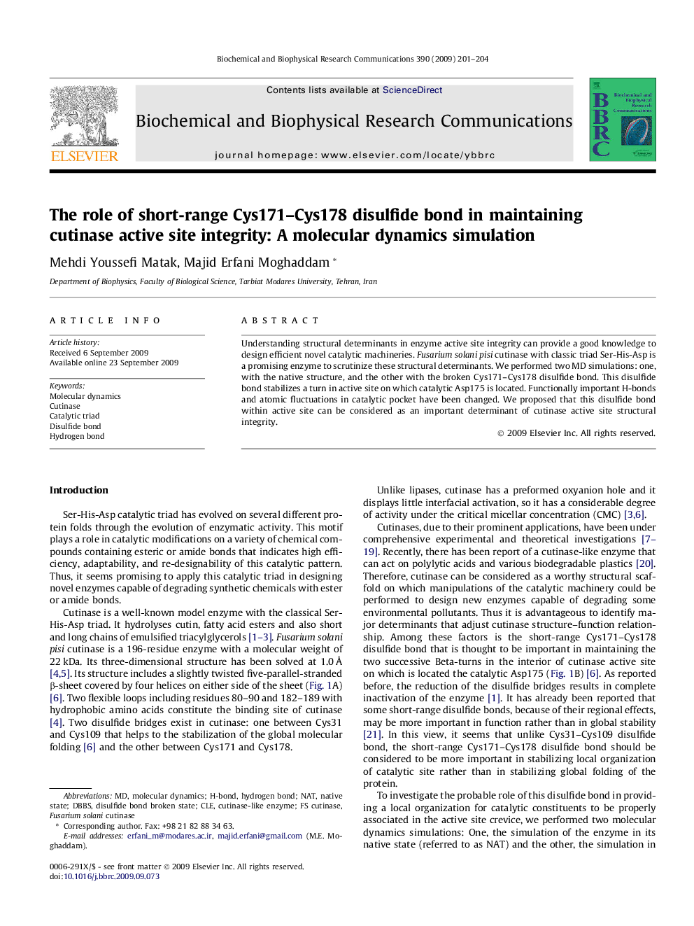 The role of short-range Cys171-Cys178 disulfide bond in maintaining cutinase active site integrity: A molecular dynamics simulation