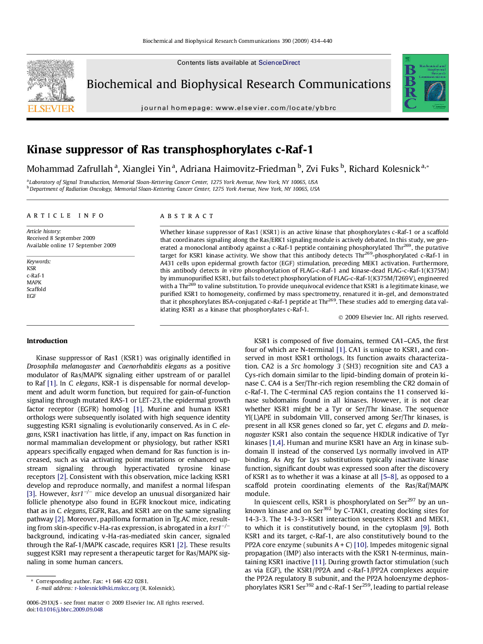 Kinase suppressor of Ras transphosphorylates c-Raf-1