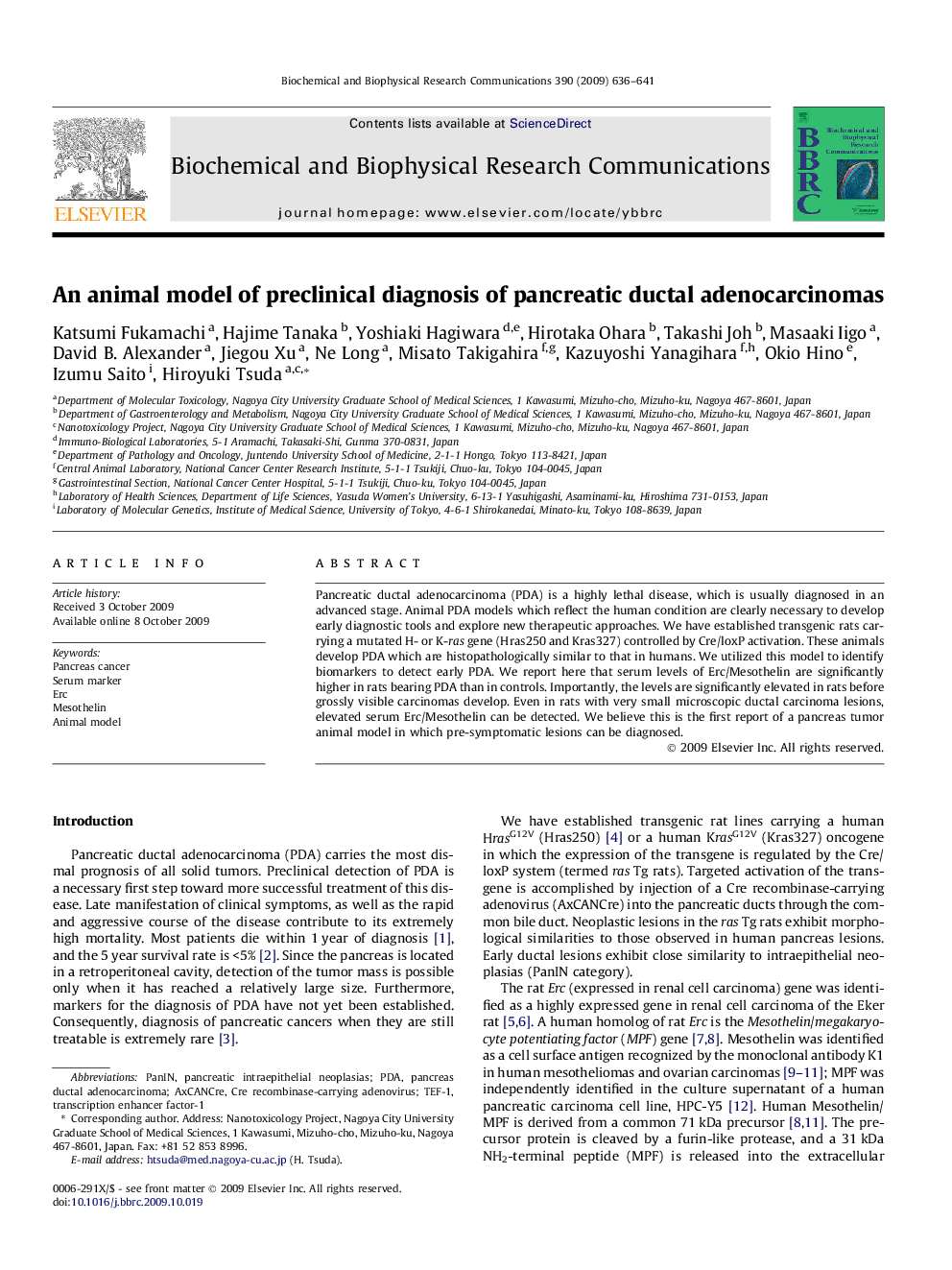 An animal model of preclinical diagnosis of pancreatic ductal adenocarcinomas