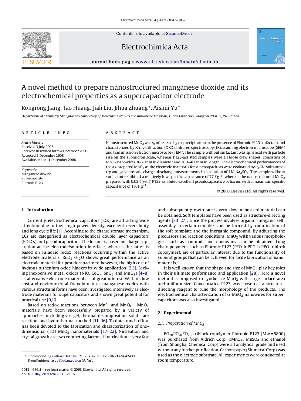 A novel method to prepare nanostructured manganese dioxide and its electrochemical properties as a supercapacitor electrode