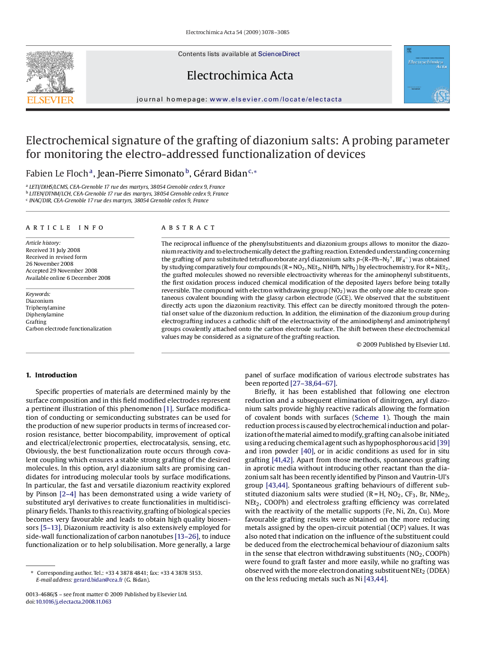 Electrochemical signature of the grafting of diazonium salts: A probing parameter for monitoring the electro-addressed functionalization of devices