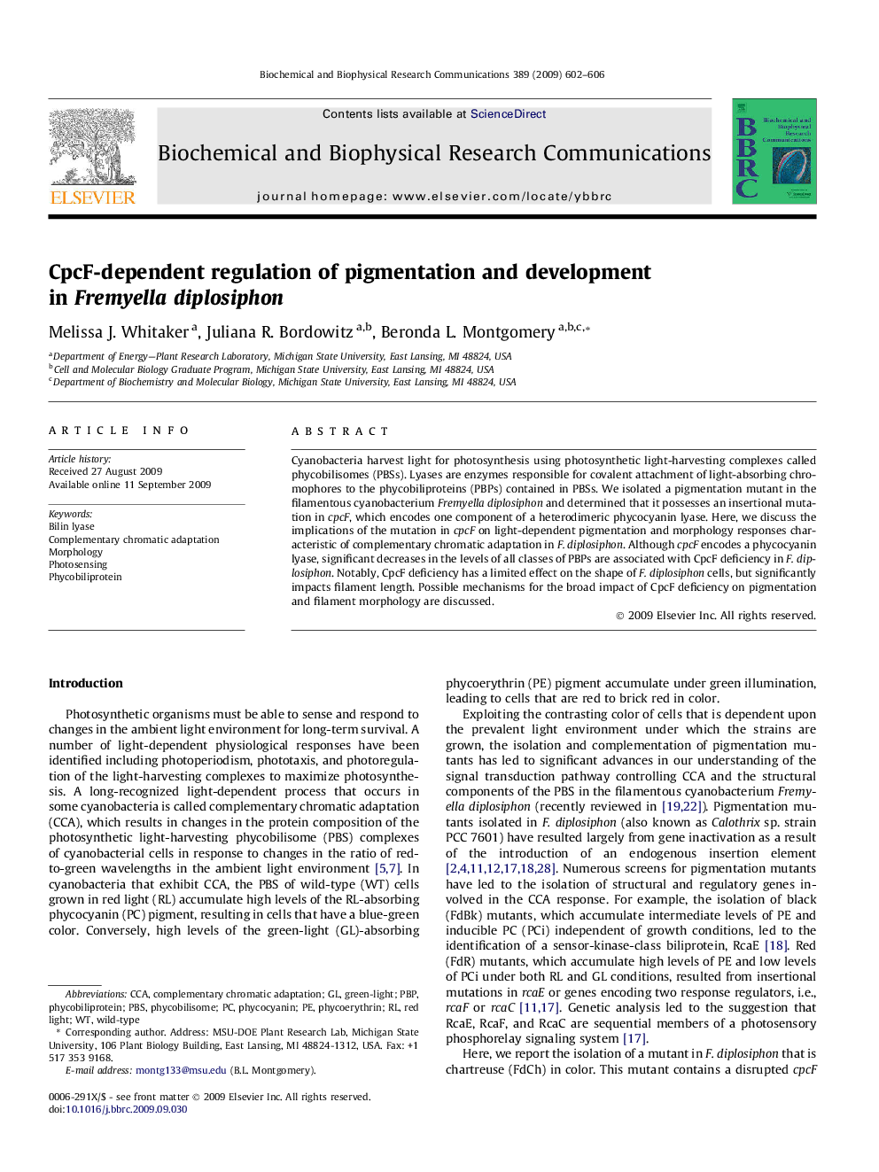 CpcF-dependent regulation of pigmentation and development in Fremyella diplosiphon