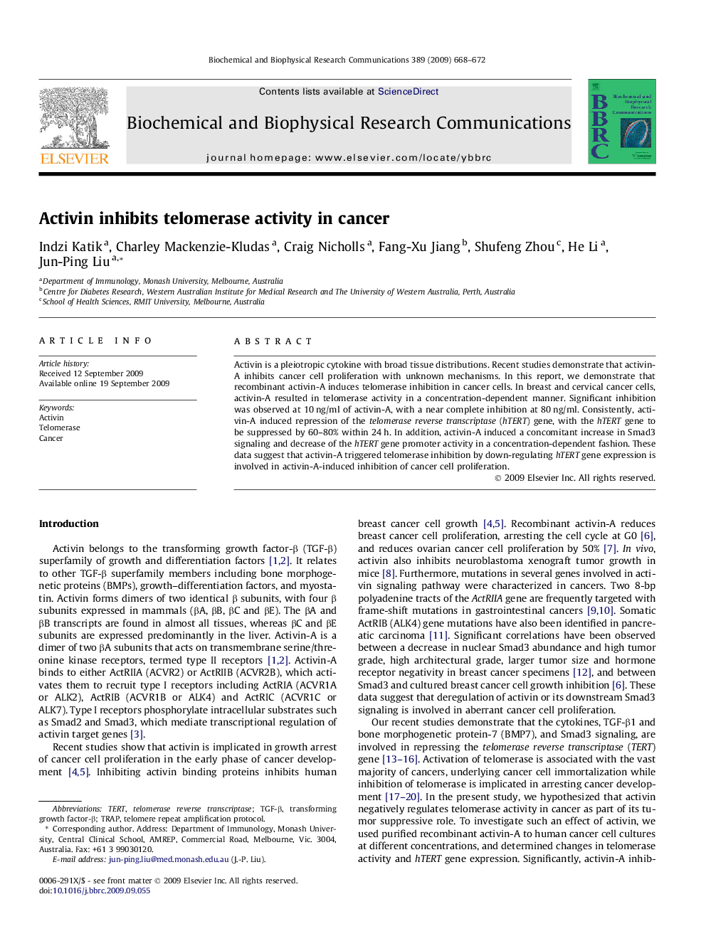 Activin inhibits telomerase activity in cancer