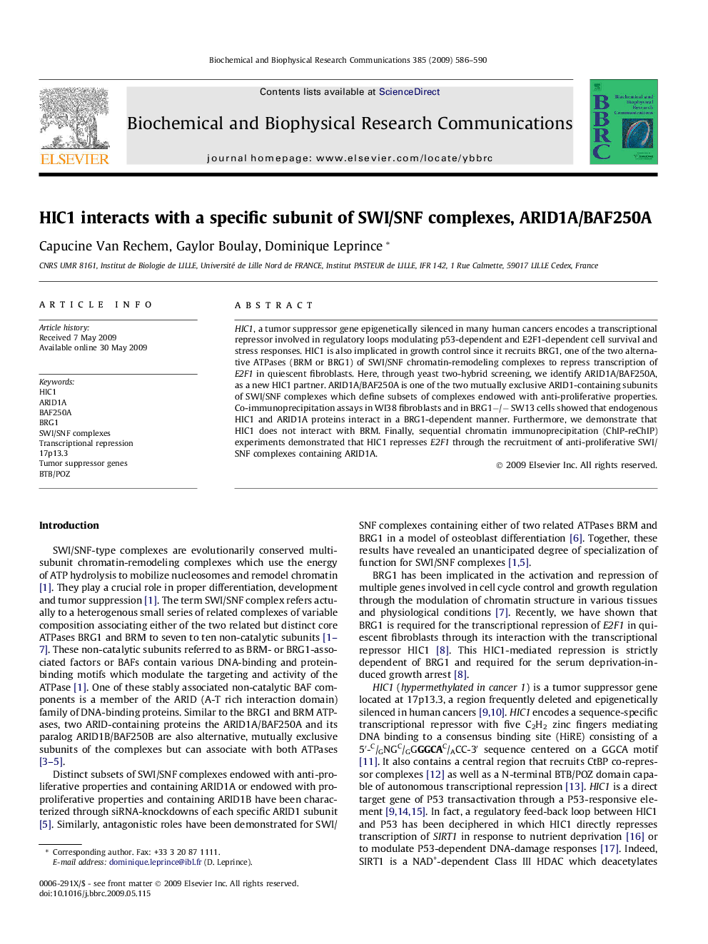 HIC1 interacts with a specific subunit of SWI/SNF complexes, ARID1A/BAF250A