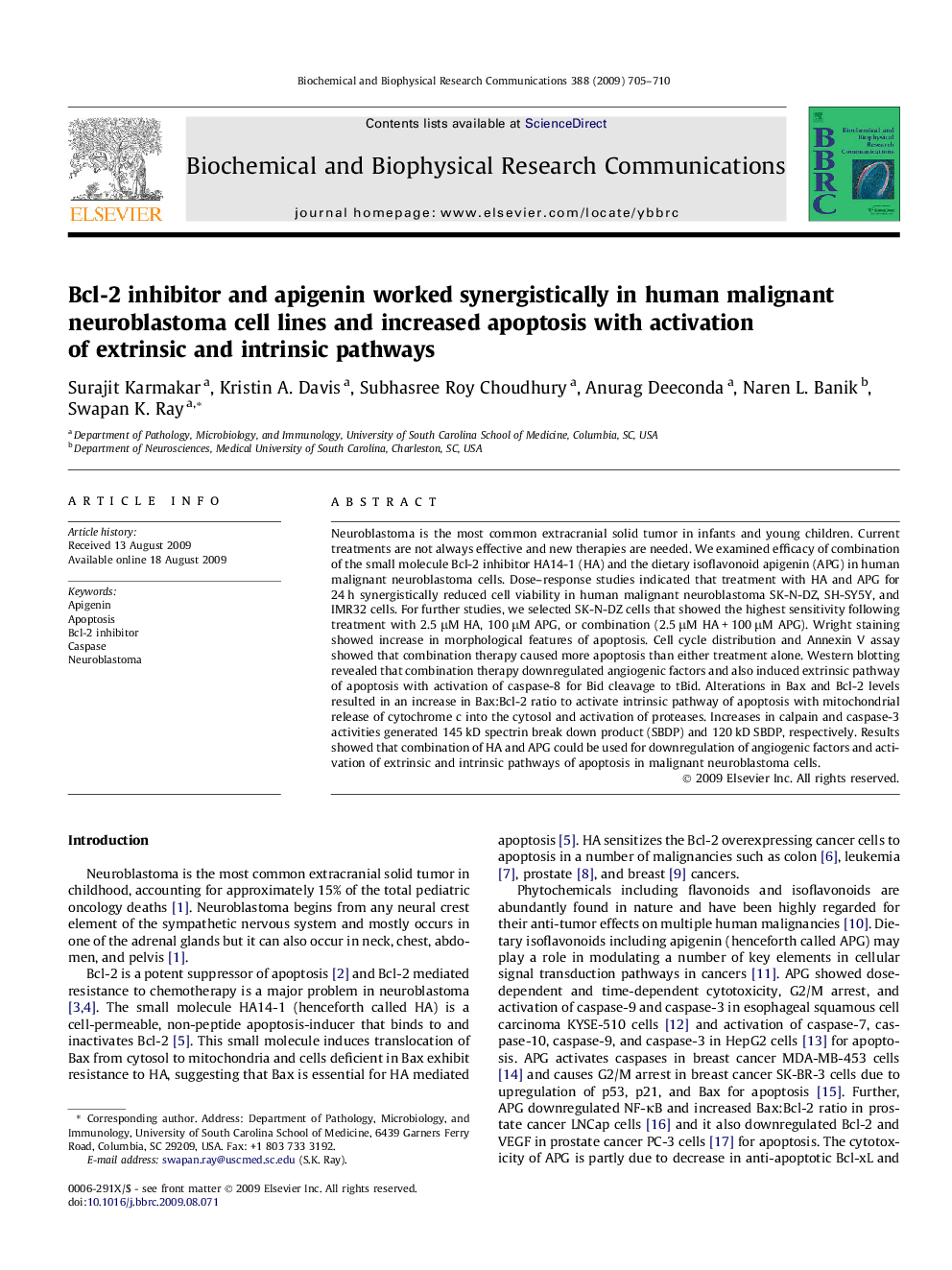 Bcl-2 inhibitor and apigenin worked synergistically in human malignant neuroblastoma cell lines and increased apoptosis with activation of extrinsic and intrinsic pathways