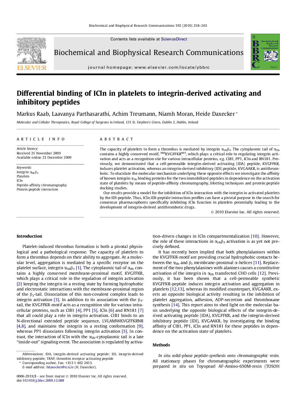 Differential binding of ICln in platelets to integrin-derived activating and inhibitory peptides