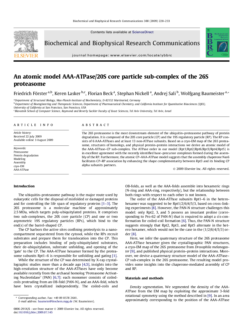 An atomic model AAA-ATPase/20S core particle sub-complex of the 26S proteasome