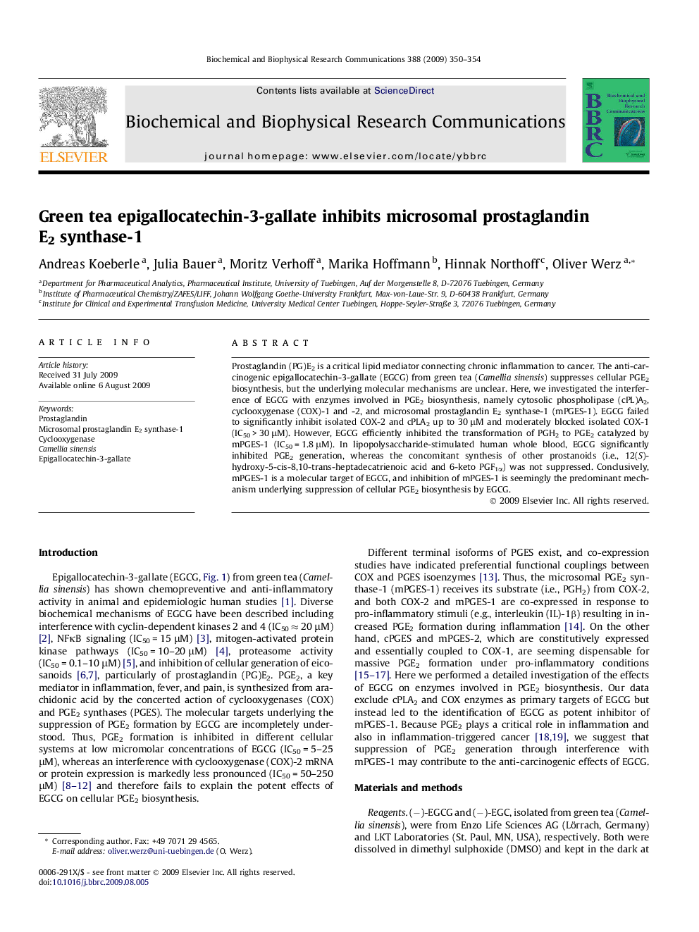 Green tea epigallocatechin-3-gallate inhibits microsomal prostaglandin E2 synthase-1