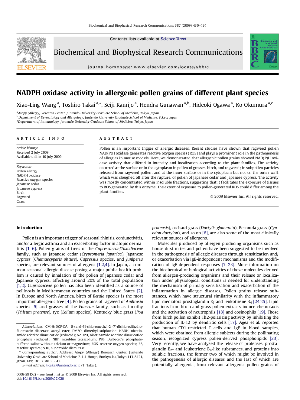 NADPH oxidase activity in allergenic pollen grains of different plant species