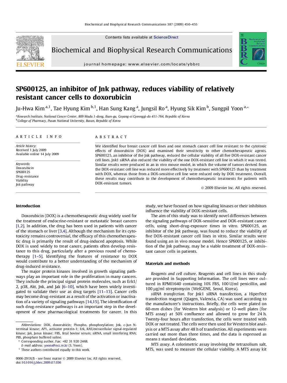 SP600125, an inhibitor of Jnk pathway, reduces viability of relatively resistant cancer cells to doxorubicin