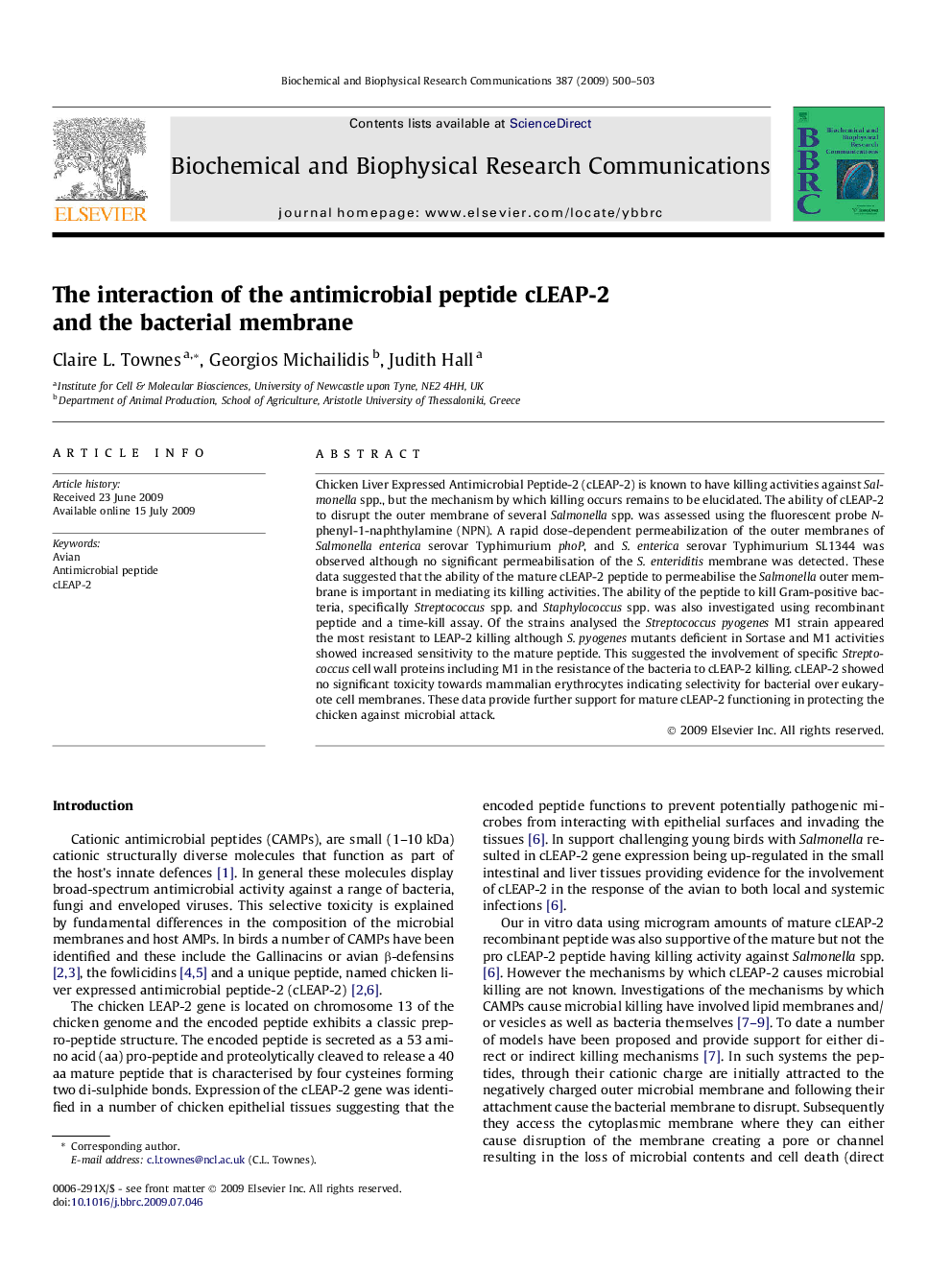 The interaction of the antimicrobial peptide cLEAP-2 and the bacterial membrane