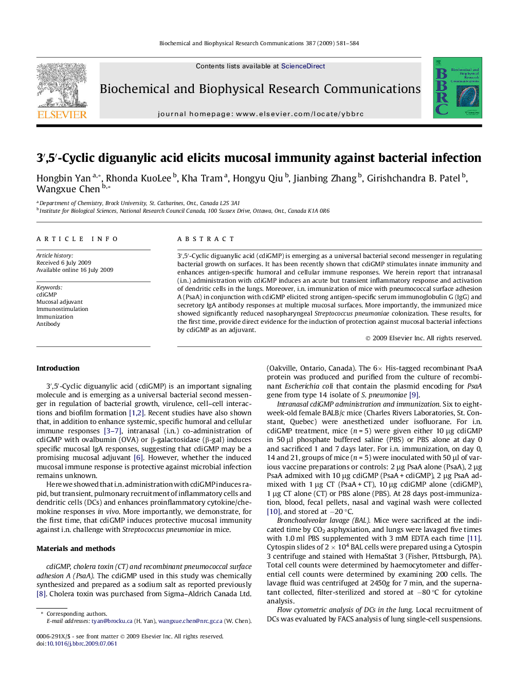 3′,5′-Cyclic diguanylic acid elicits mucosal immunity against bacterial infection