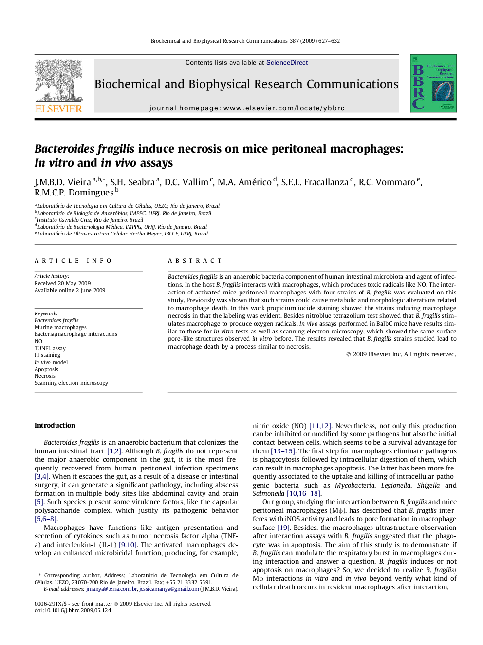 Bacteroides fragilis induce necrosis on mice peritoneal macrophages: In vitro and in vivo assays