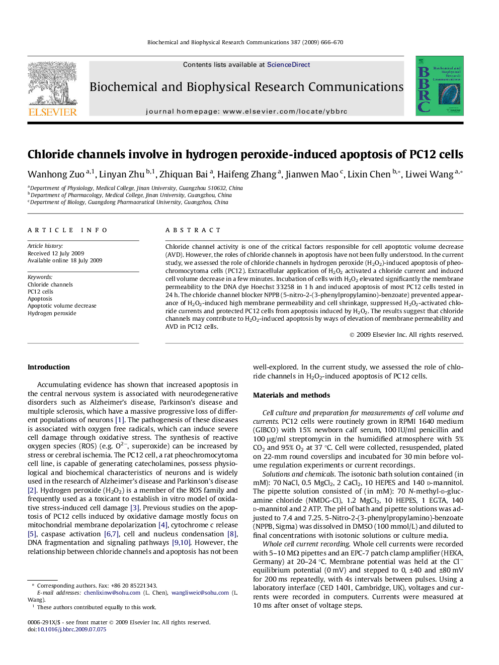 Chloride channels involve in hydrogen peroxide-induced apoptosis of PC12 cells