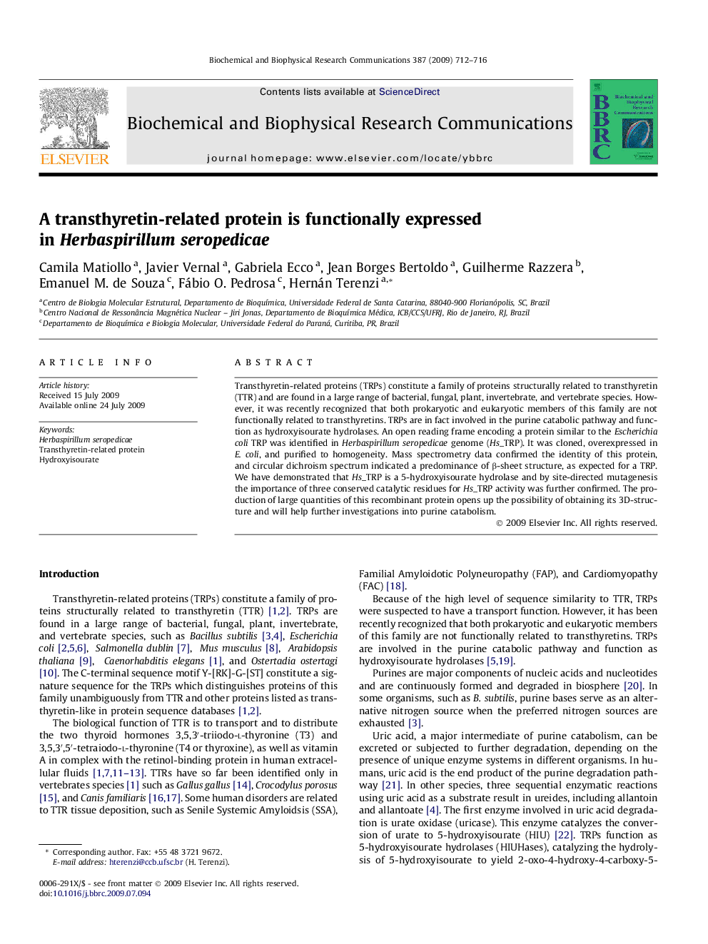 A transthyretin-related protein is functionally expressed in Herbaspirillum seropedicae