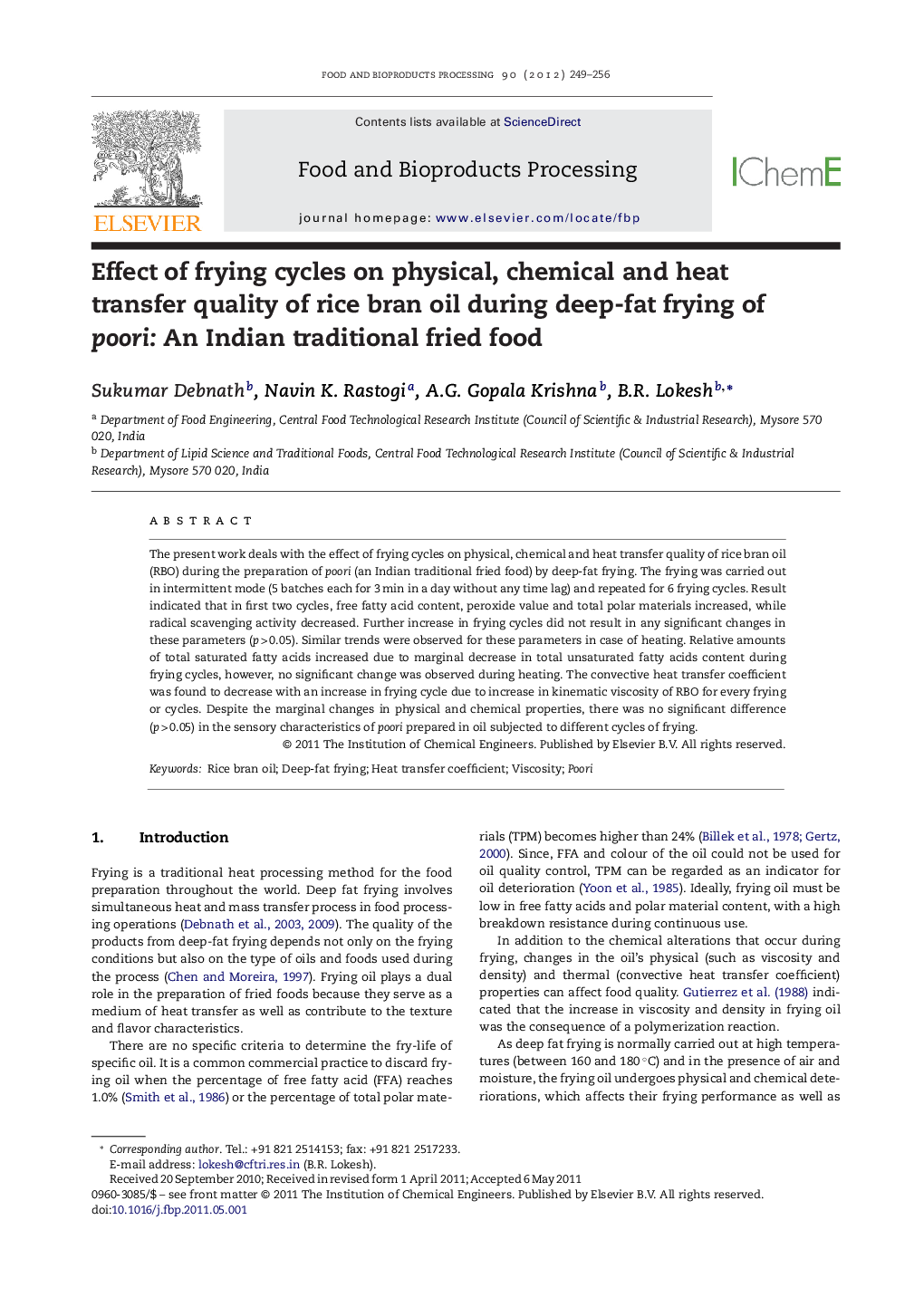 Effect of frying cycles on physical, chemical and heat transfer quality of rice bran oil during deep-fat frying of poori: An Indian traditional fried food