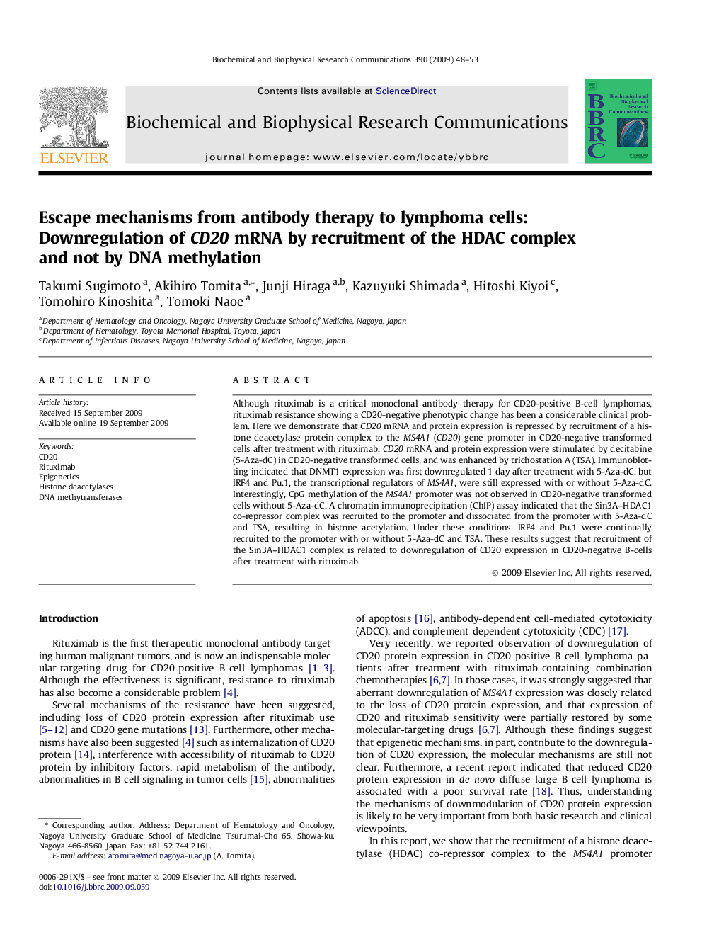 Escape mechanisms from antibody therapy to lymphoma cells: Downregulation of CD20 mRNA by recruitment of the HDAC complex and not by DNA methylation