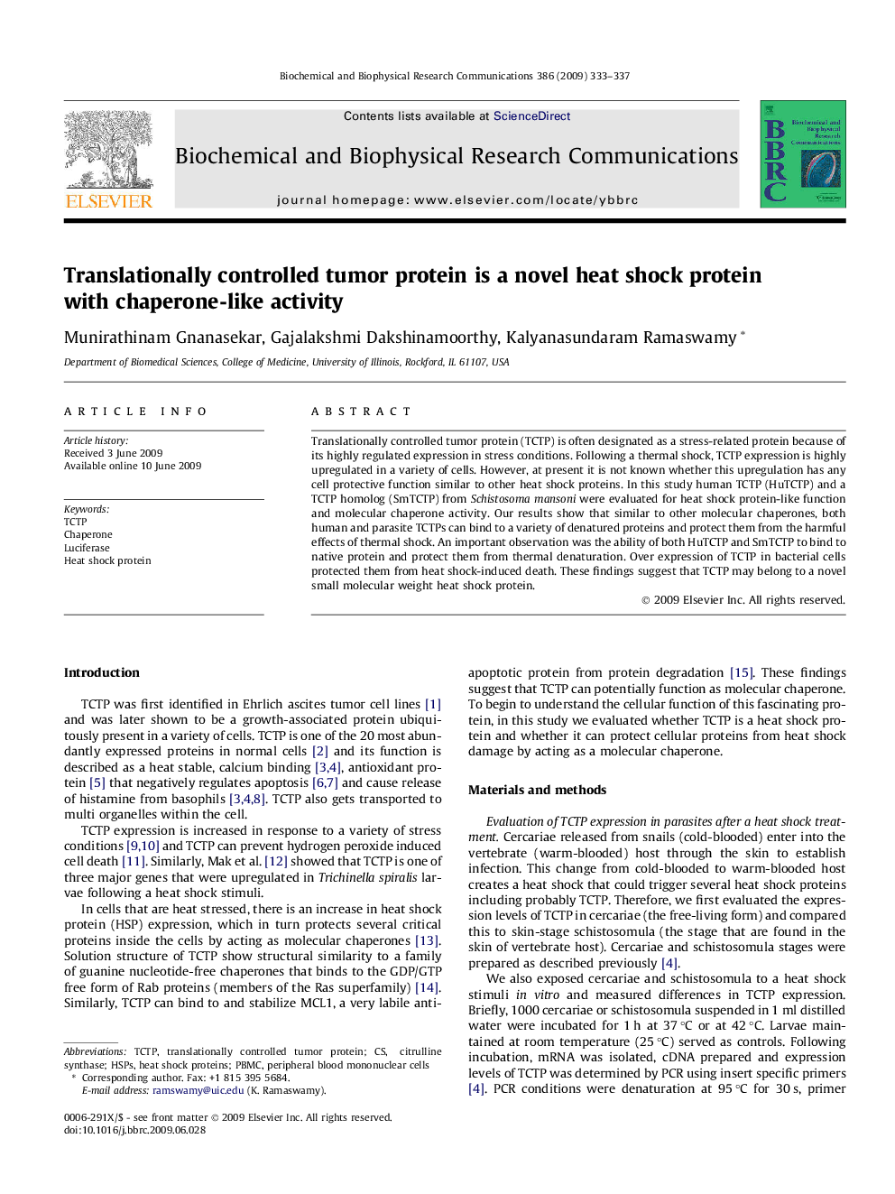 Translationally controlled tumor protein is a novel heat shock protein with chaperone-like activity