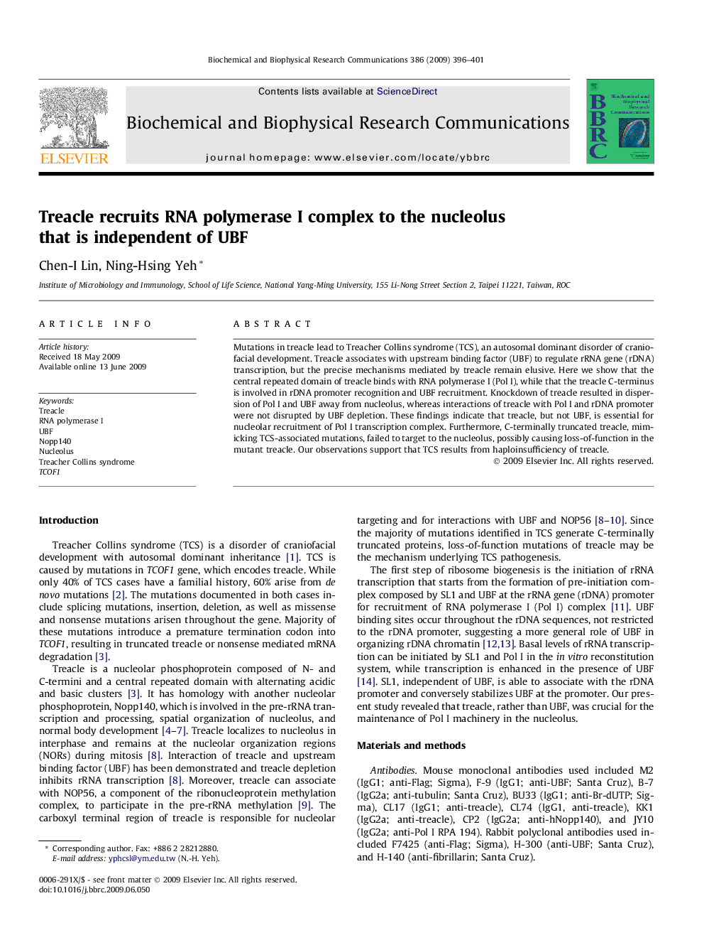 Treacle recruits RNA polymerase I complex to the nucleolus that is independent of UBF