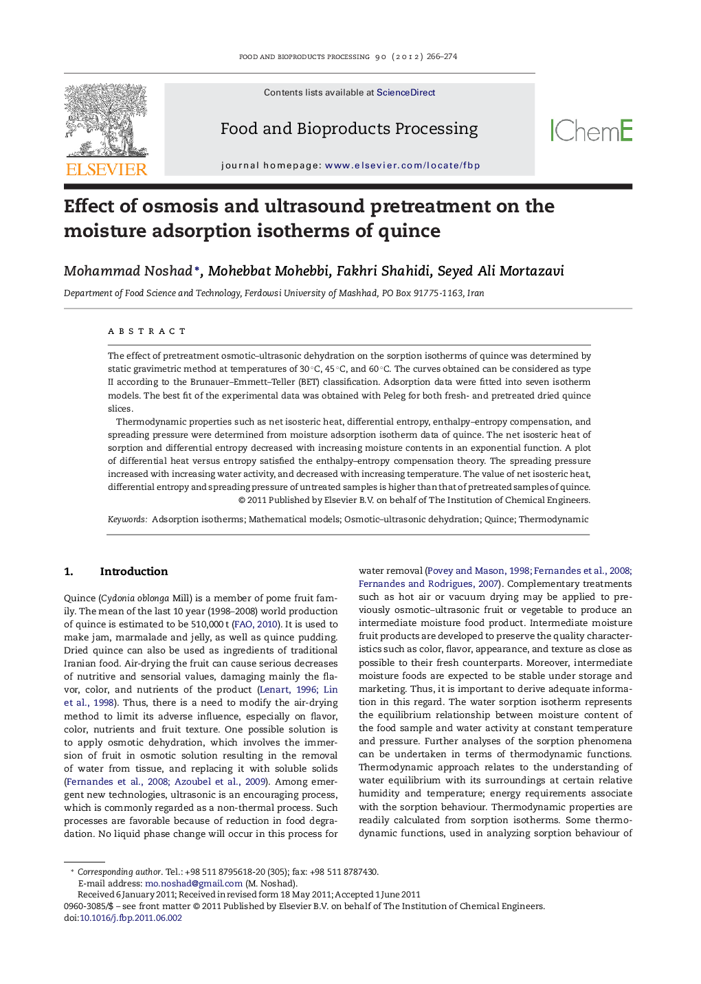 Effect of osmosis and ultrasound pretreatment on the moisture adsorption isotherms of quince