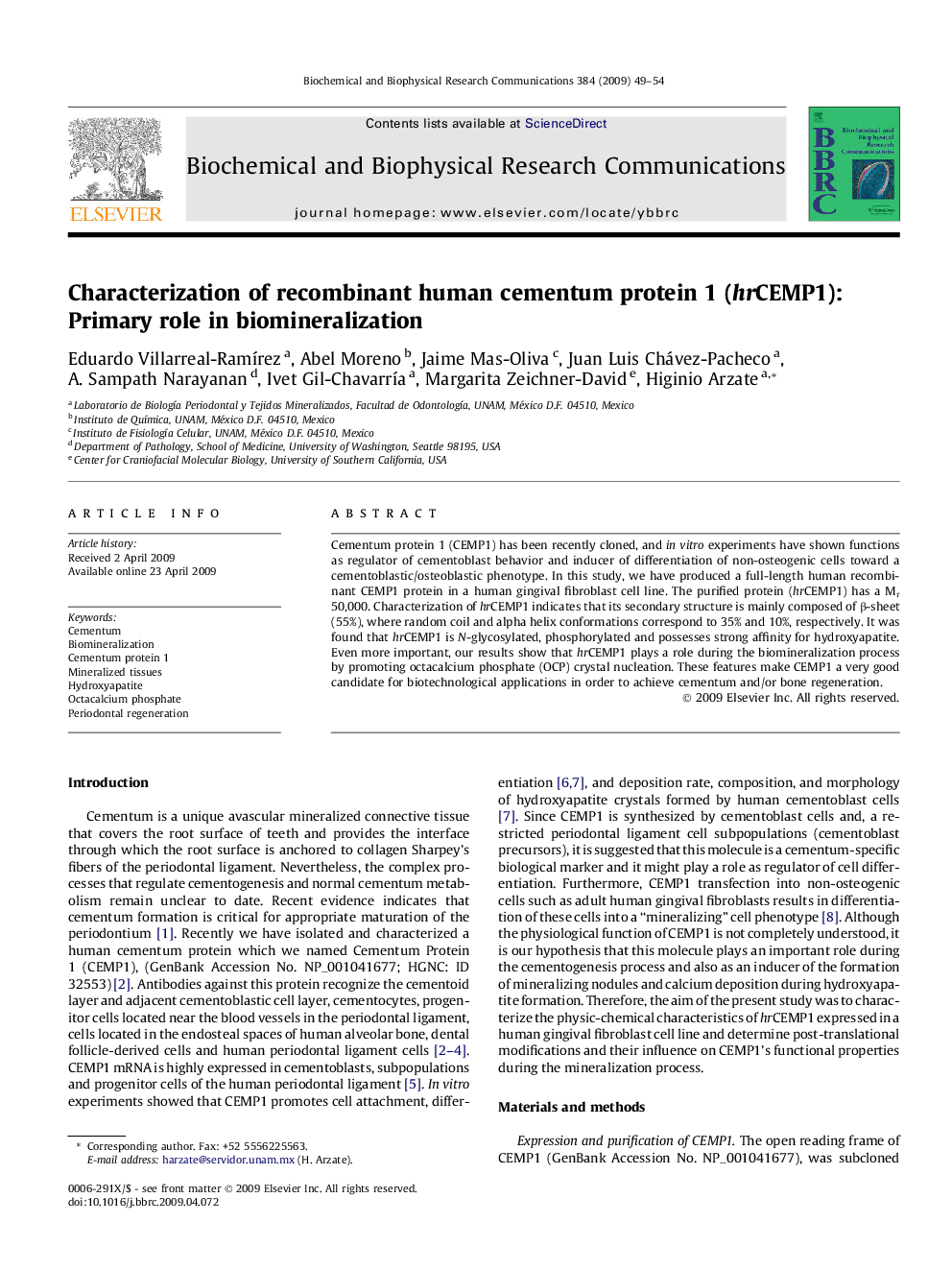 Characterization of recombinant human cementum protein 1 (hrCEMP1): Primary role in biomineralization