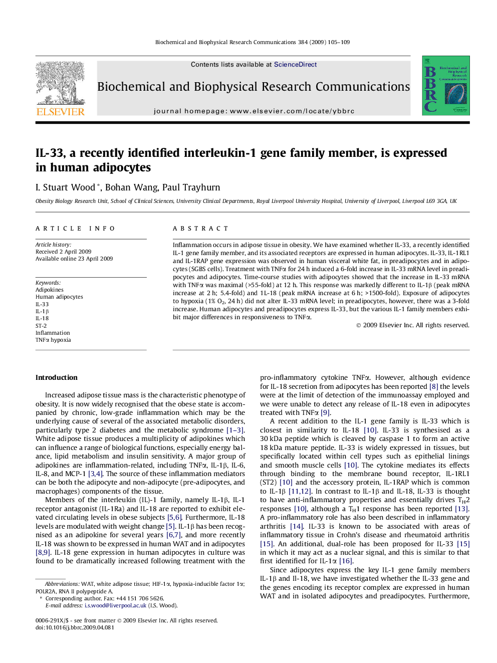 IL-33, a recently identified interleukin-1 gene family member, is expressed in human adipocytes