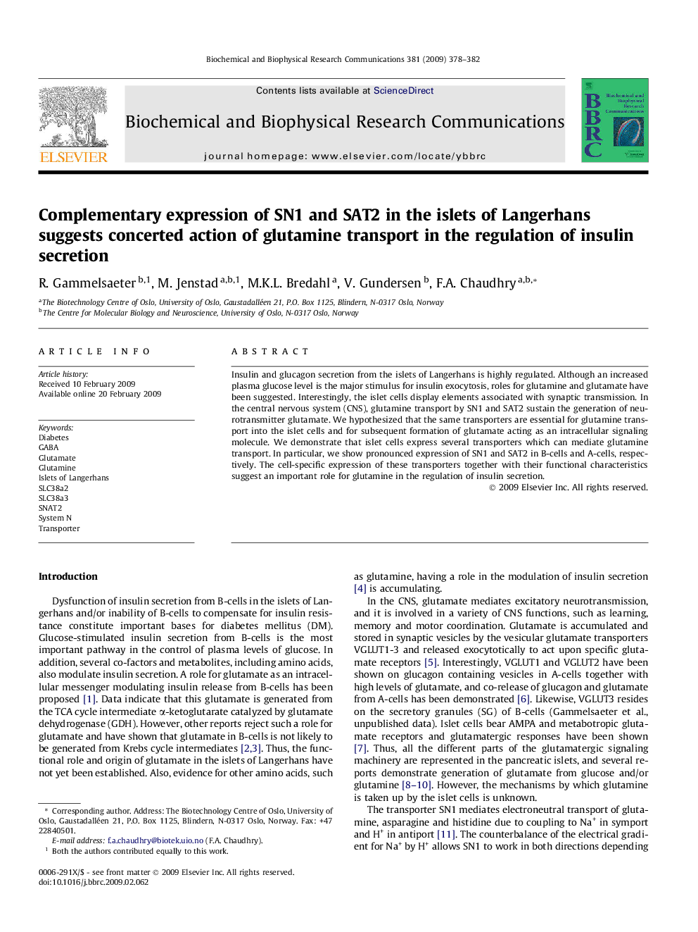 Complementary expression of SN1 and SAT2 in the islets of Langerhans suggests concerted action of glutamine transport in the regulation of insulin secretion