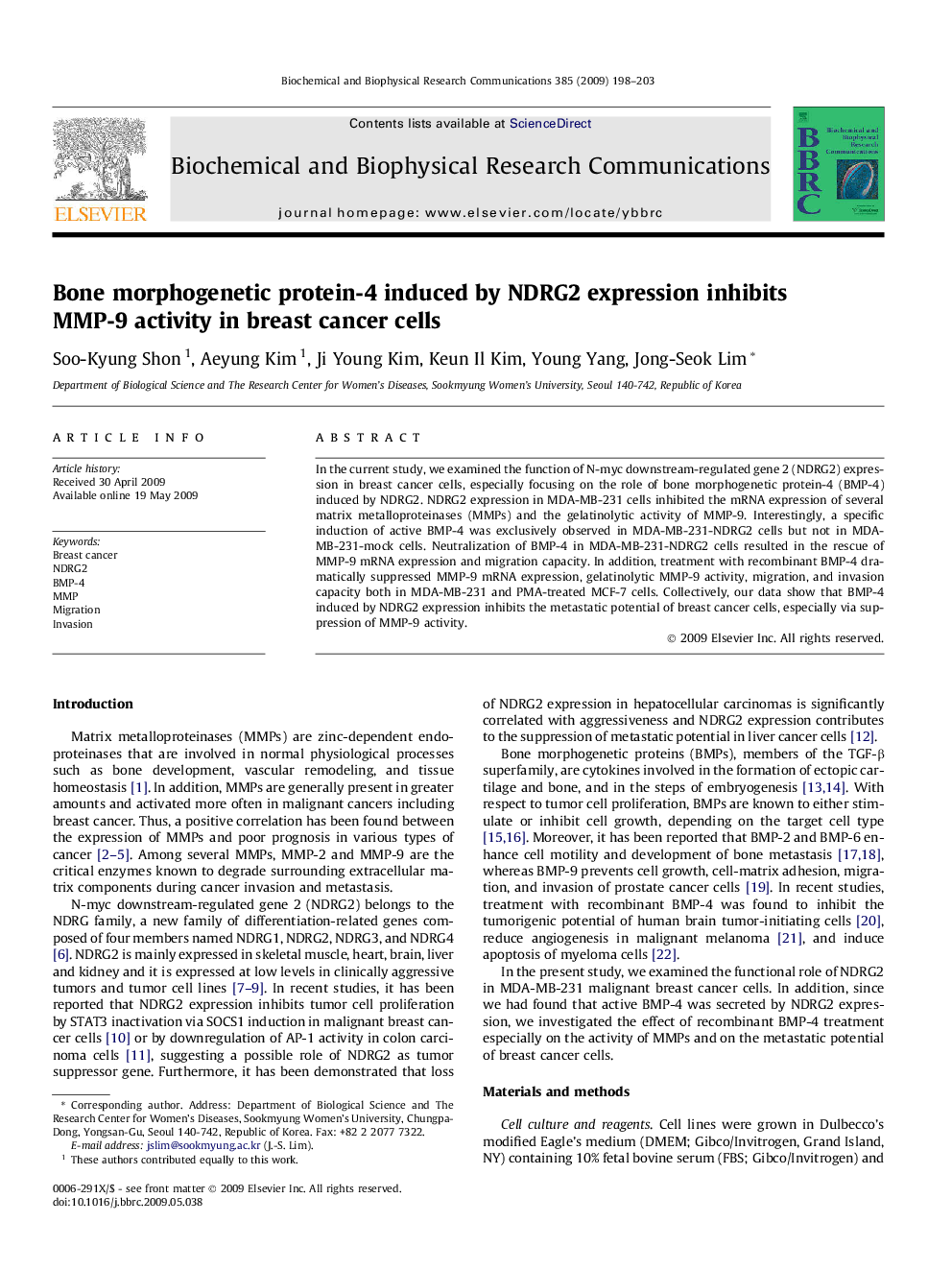 Bone morphogenetic protein-4 induced by NDRG2 expression inhibits MMP-9 activity in breast cancer cells