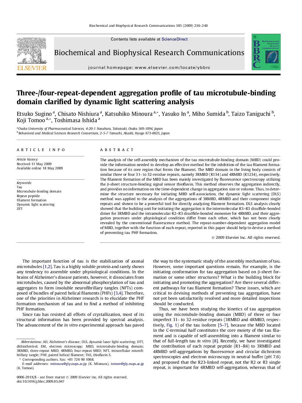 عکس صفحه اول مقاله: Three-/four-repeat-dependent aggregation profile of tau microtubule-binding domain clarified by dynamic light scattering analysis Three-/four-repeat-dependent aggregation profile of tau microtubule-binding domain clarified by dynamic light scattering analysis