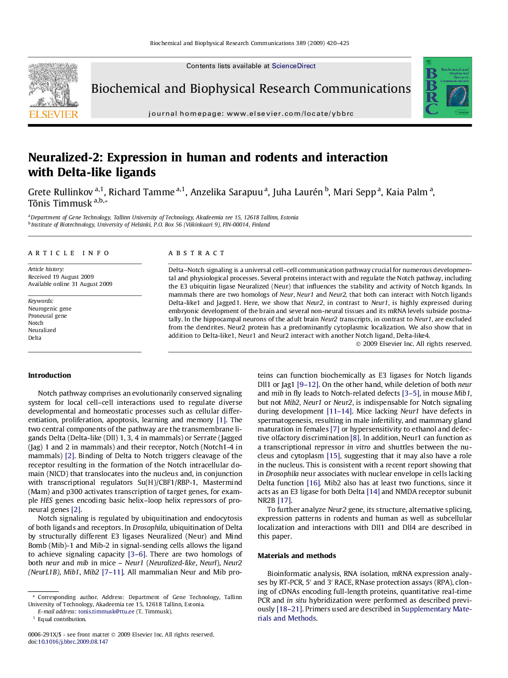 Neuralized-2: Expression in human and rodents and interaction with Delta-like ligands