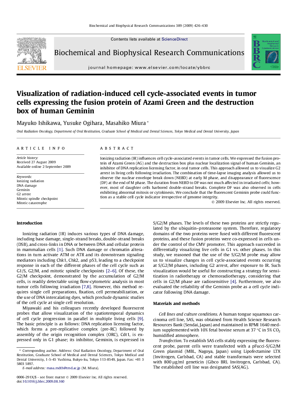 Visualization of radiation-induced cell cycle-associated events in tumor cells expressing the fusion protein of Azami Green and the destruction box of human Geminin