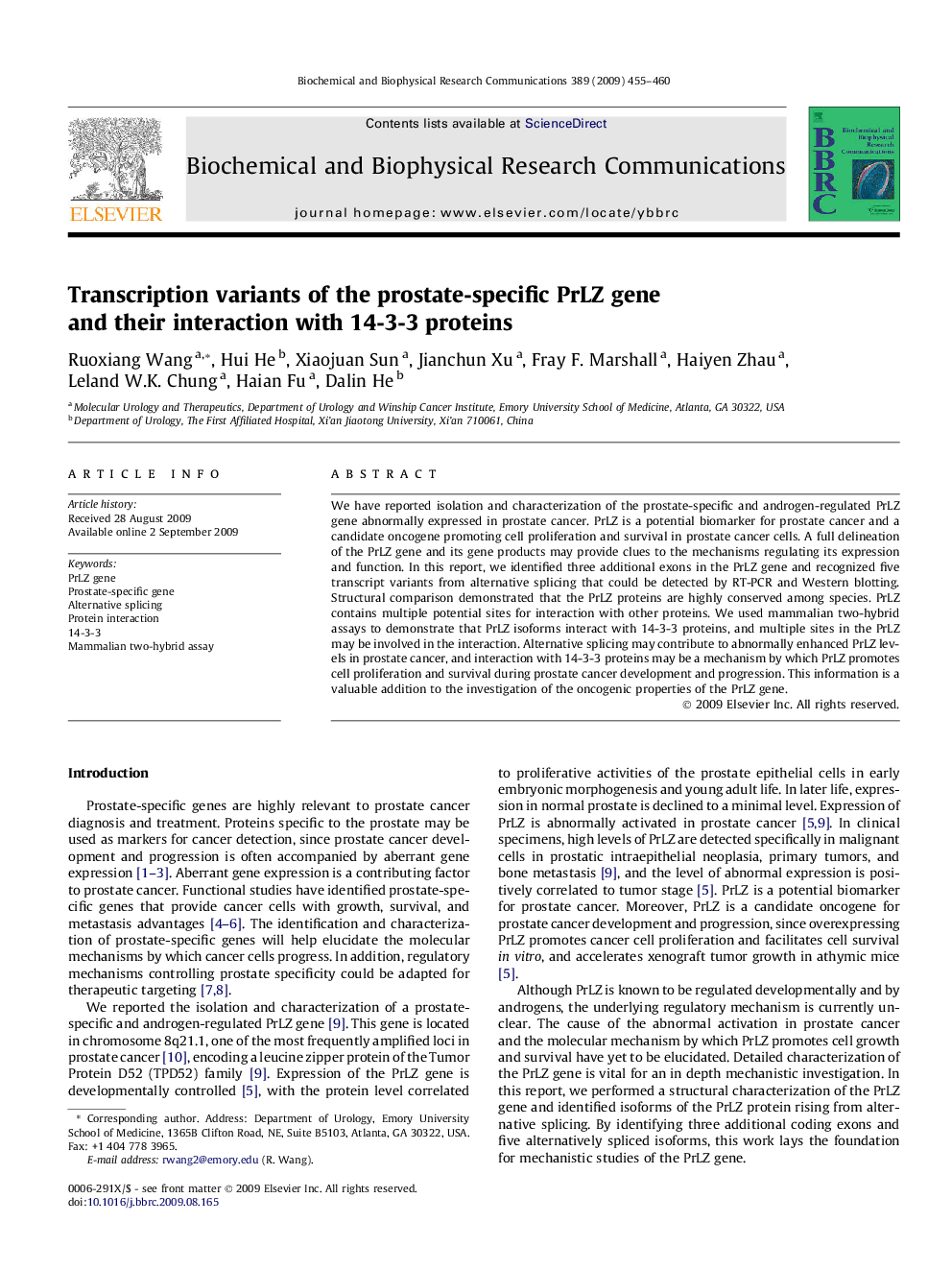 Transcription variants of the prostate-specific PrLZ gene and their interaction with 14-3-3 proteins