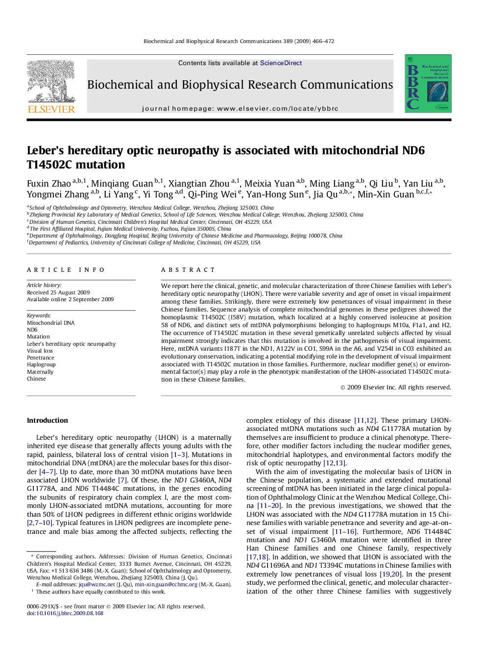 Leber’s hereditary optic neuropathy is associated with mitochondrial ND6 T14502C mutation