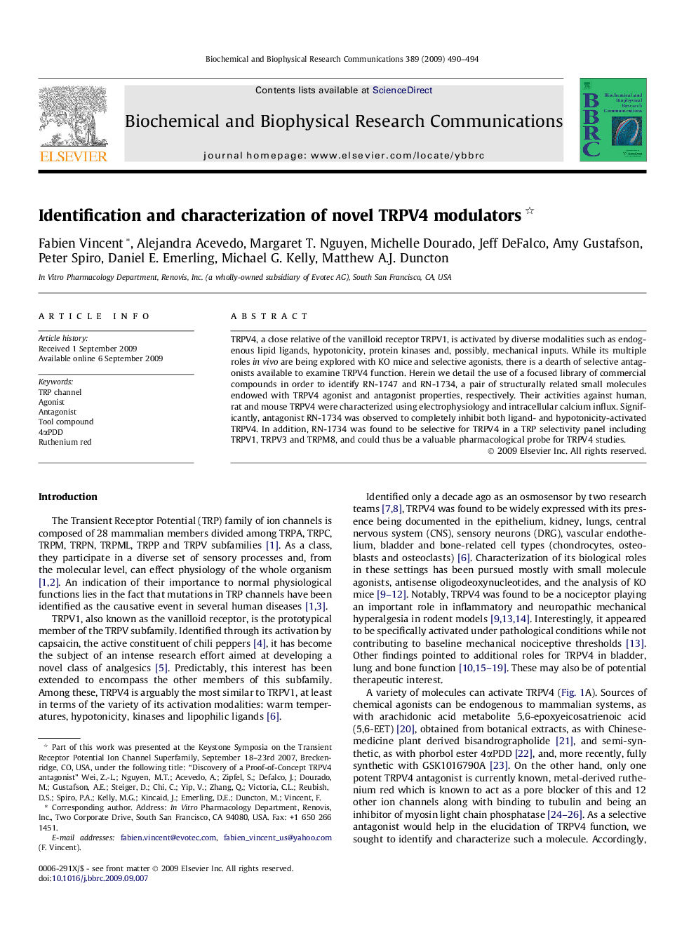 Identification and characterization of novel TRPV4 modulators 