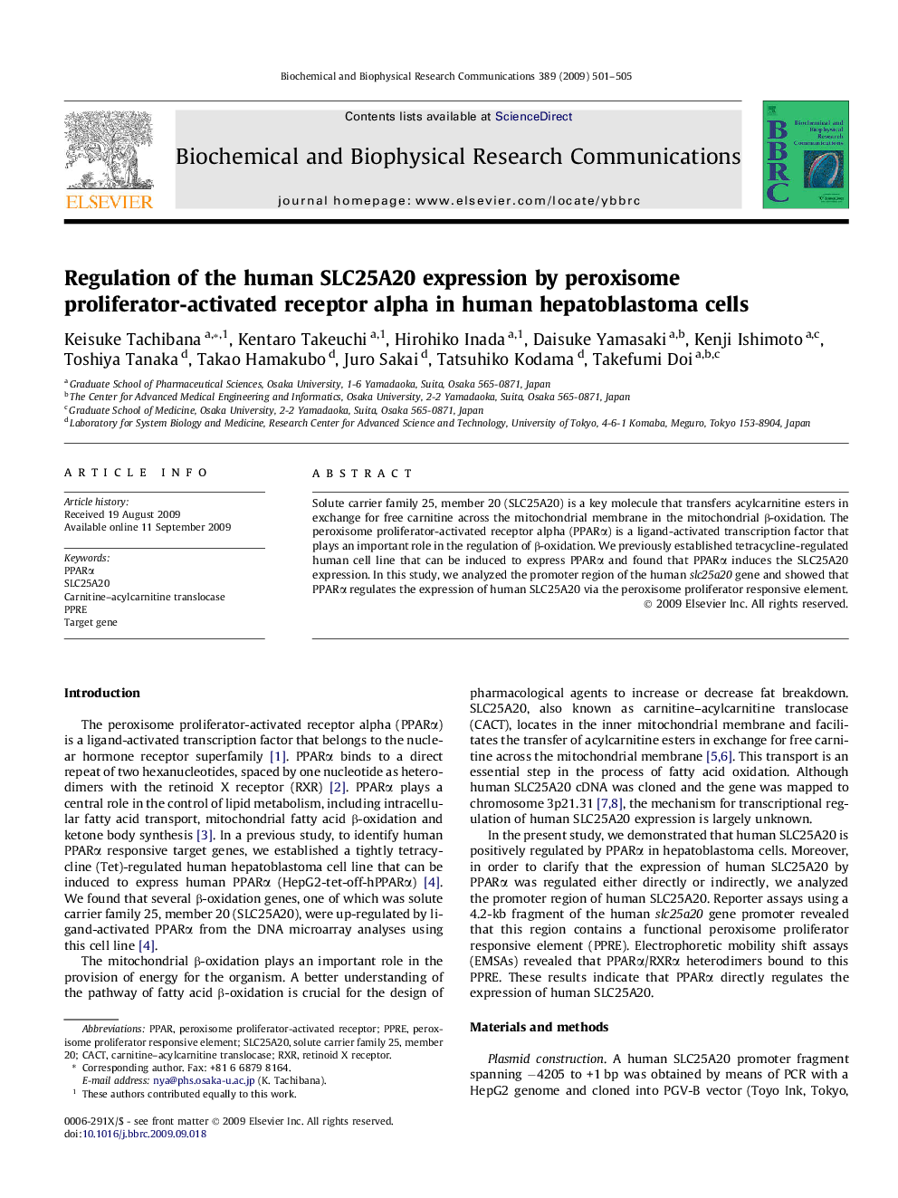 Regulation of the human SLC25A20 expression by peroxisome proliferator-activated receptor alpha in human hepatoblastoma cells