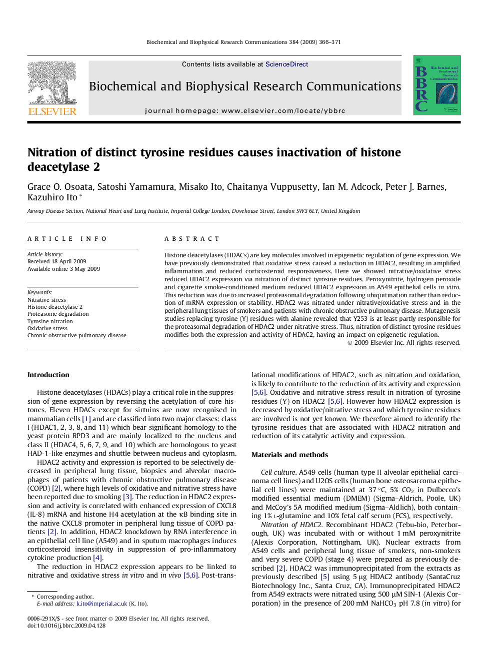 Nitration of distinct tyrosine residues causes inactivation of histone deacetylase 2