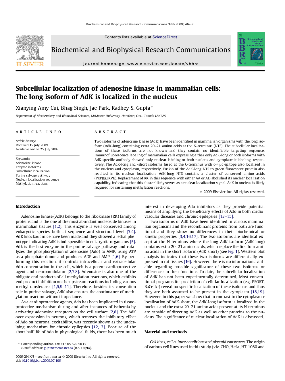 Subcellular localization of adenosine kinase in mammalian cells: The long isoform of AdK is localized in the nucleus