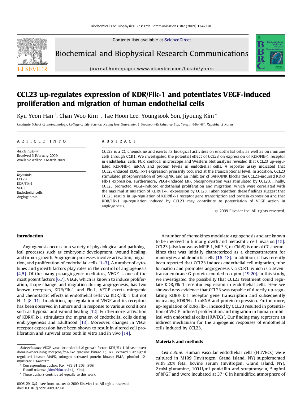 CCL23 up-regulates expression of KDR/Flk-1 and potentiates VEGF-induced proliferation and migration of human endothelial cells