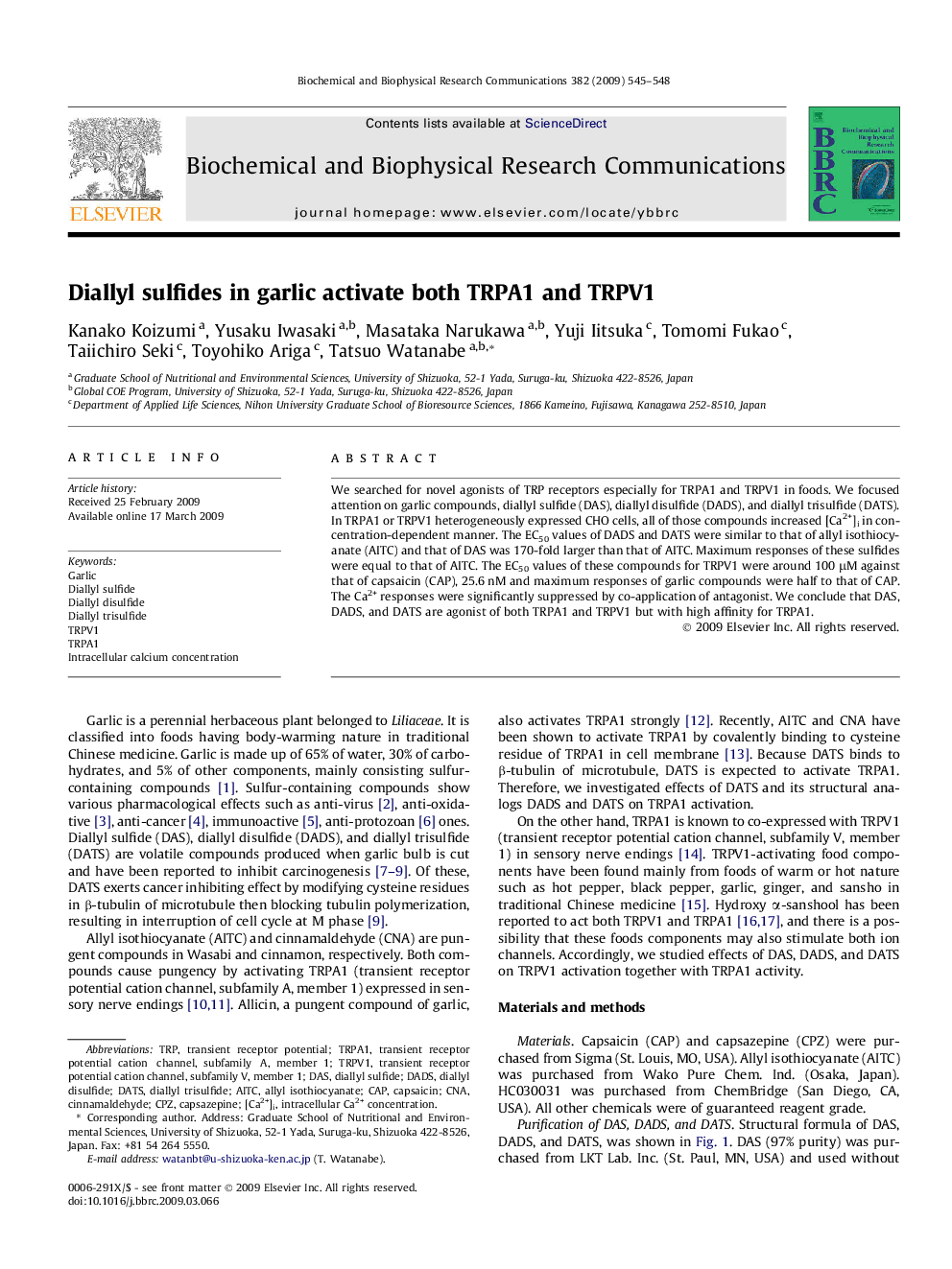 Diallyl sulfides in garlic activate both TRPA1 and TRPV1