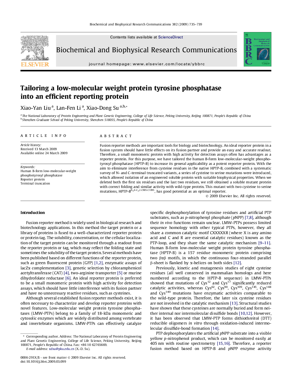 Tailoring a low-molecular weight protein tyrosine phosphatase into an efficient reporting protein