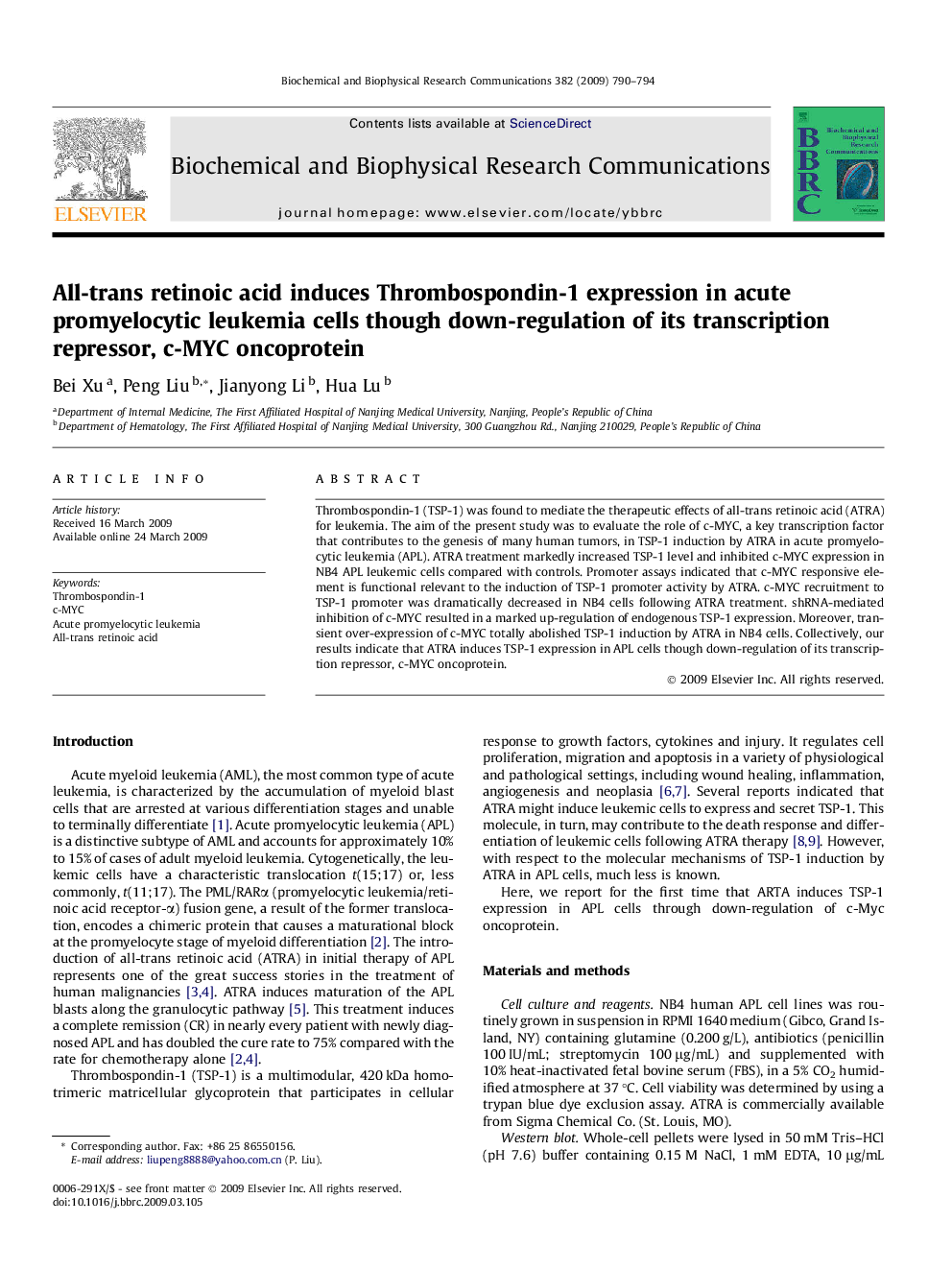 All-trans retinoic acid induces Thrombospondin-1 expression in acute promyelocytic leukemia cells though down-regulation of its transcription repressor, c-MYC oncoprotein