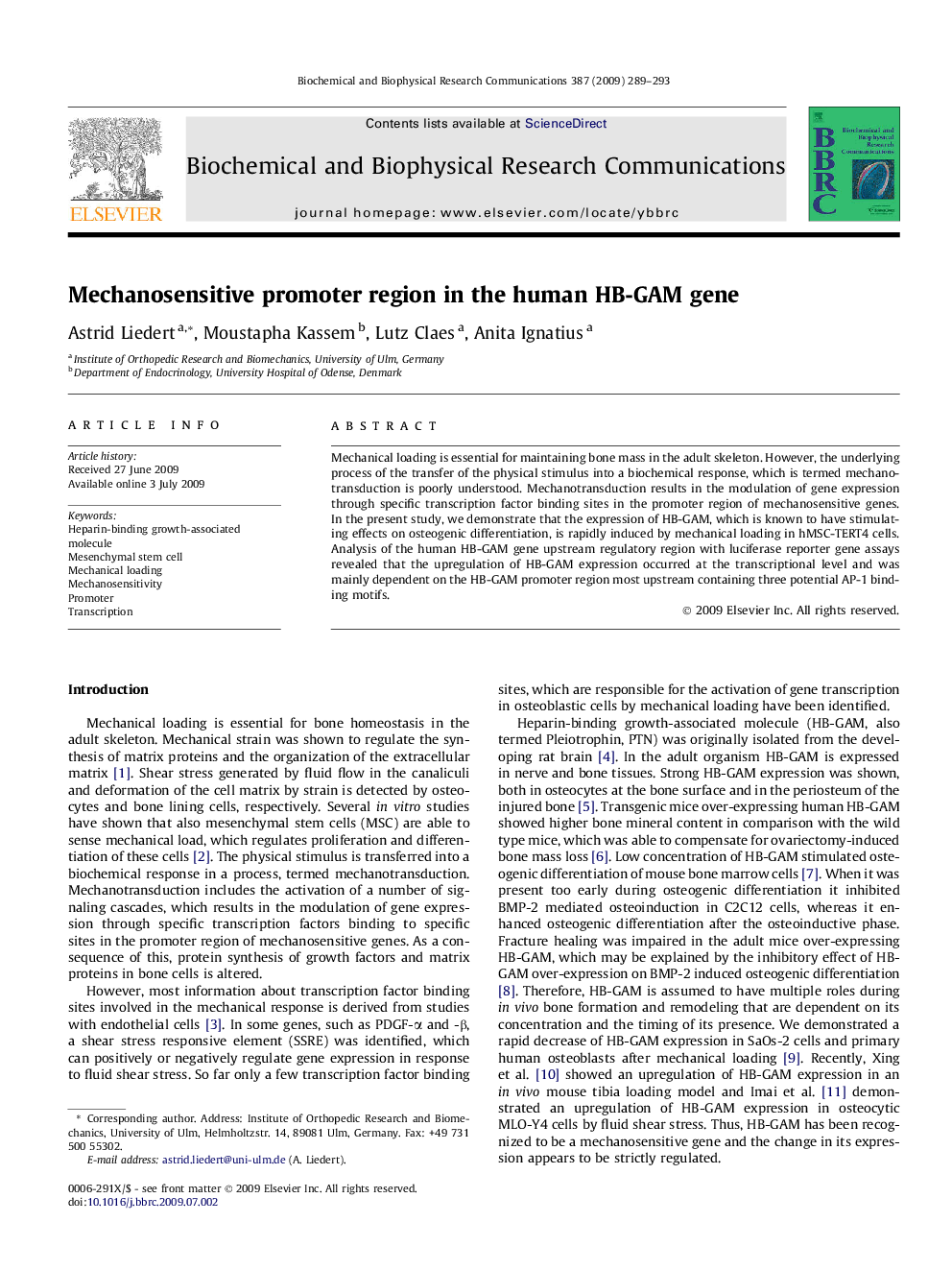 Mechanosensitive promoter region in the human HB-GAM gene